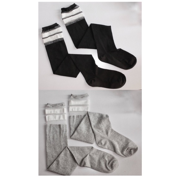 Over-The-Knee Top Striped Mesh Black Sock SET - Picture 1 of 5